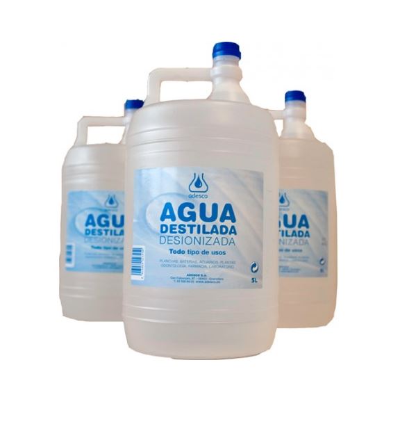 Agua desionizada (Destilada) en garrafa de 5L. Caja de 3 uds. Agua desionizada (Destilada) en garrafa de 5L. Caja de 3 uds.
