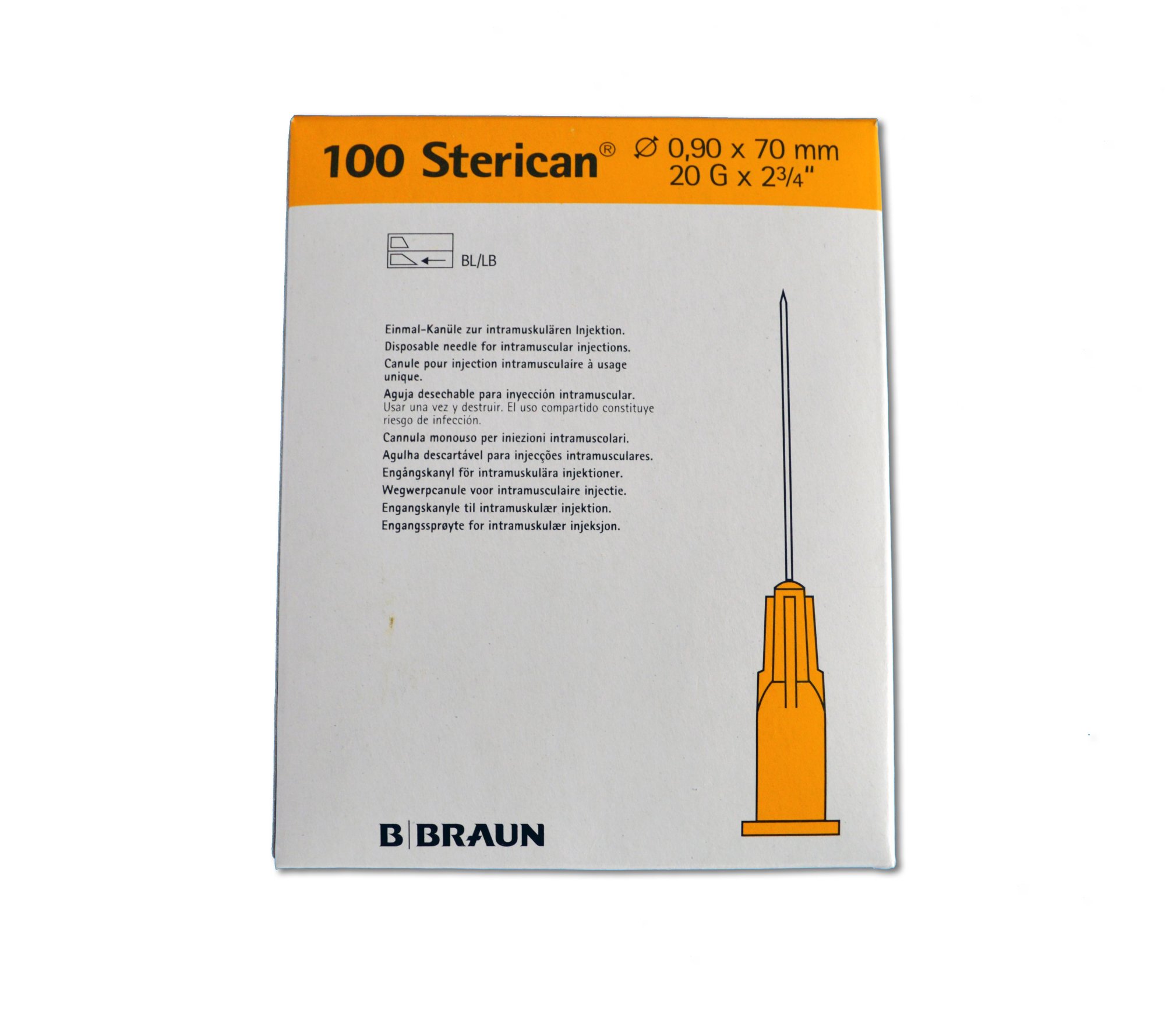 Aguja hipodérmica Sterican 20G x 2 y 3/4", 0,90 x 70 mm. Caja de 100