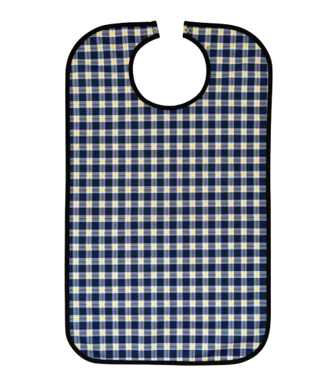 Babero reutilizable para adulto a cuadros azul marino y amarillo/blanco con corchetes Babero reutilizable para adulto a cuadros azul marino y amarillo/blanco con corchetes