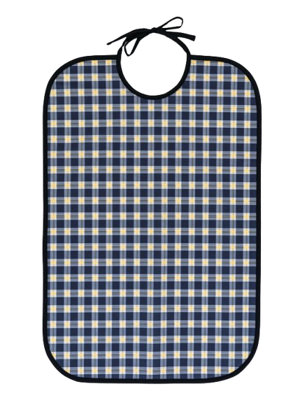 Babero reutilizable para adulto a cuadros azul marino y amarillo/blanco con lazo Babero reutilizable para adulto a cuadros azul marino y amarillo/blanco con lazo