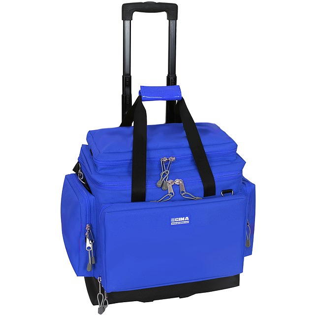 Empty waterproof medical bag with wheels, 49x56x32.5cm. Blue color.
