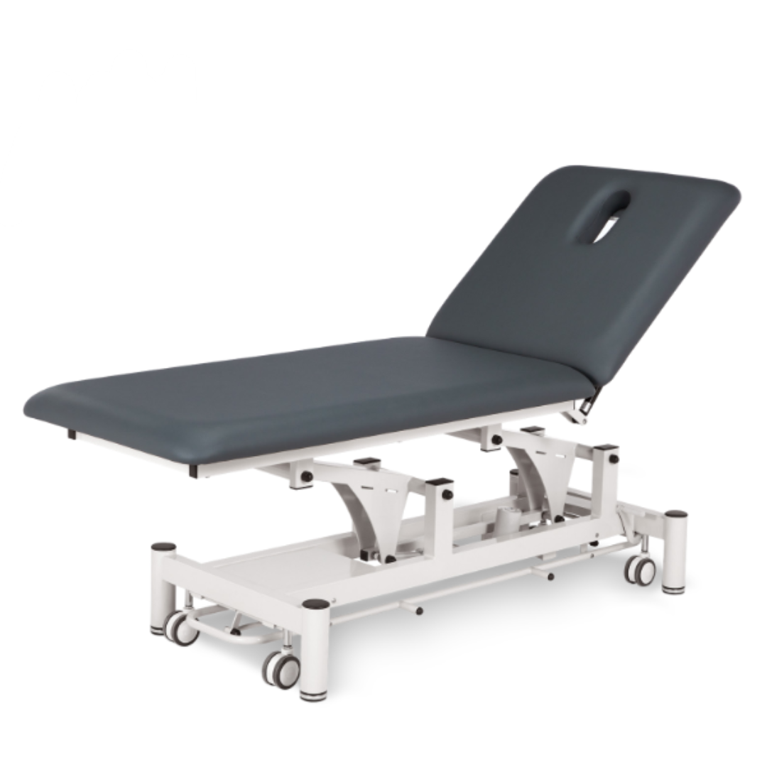 Camilla eléctrica para fisioterapia Plus con barra perimetral, 195 x 66 cm. Tapizado gris y base color blanco Camilla eléctrica para fisioterapia Plus con barra perimetral, 195 x 66 cm. Tapizado gris y base color blanco