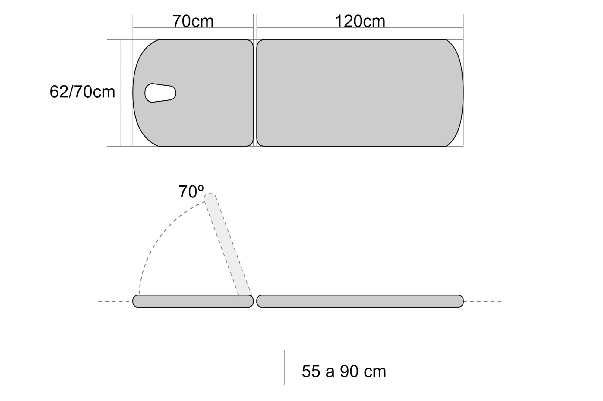 Camilla hidráulica de 2 cuerpos 70x190cm, con tapón facial, ruedas escamoteables y portarrollos Camilla hidráulica de 2 cuerpos 70x190cm, con tapón facial, ruedas escamoteables y portarrollos