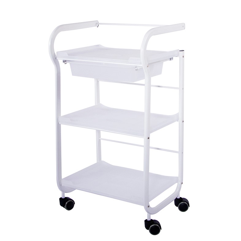 Carrito metálico con 3 estantes y 1 cajón bandeja, 48x37x85cm. Color blanco Carrito metálico con 3 estantes y 1 cajón bandeja, 48x37x85cm. Color blanco
