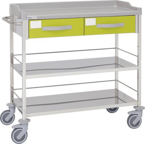 Carro hospitalario multifuncional, acero inox., 2 cajones superiores, entrepaños, empujador. Varios colores Carro hospitalario multifuncional, acero inox., 2 cajones superiores, entrepaños, empujador. Varios colores