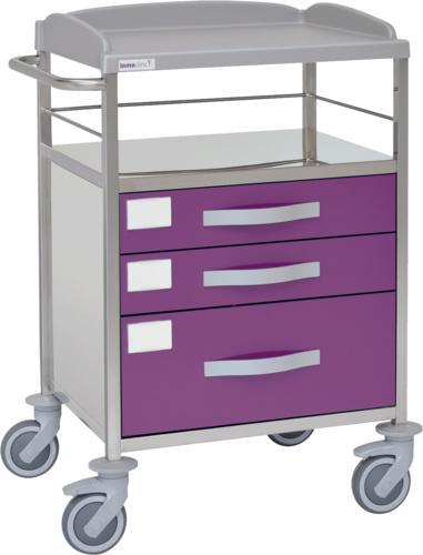 Carro hospitalario multifuncional, acero inox., 3 cajones inferiores, entrepaño, empuajdor. Varios colores Carro hospitalario multifuncional, acero inox., 3 cajones inferiores, entrepaño, empuajdor. Varios colores