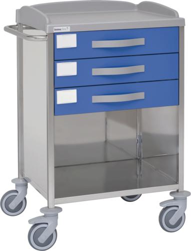 Carro hospitalario multifuncional, acero inox., 3 cajones superiores, empujador. Varios colores Carro hospitalario multifuncional, acero inox., 3 cajones superiores, empujador. Varios colores