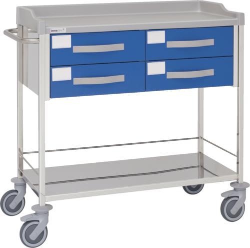 Carro hospitalario multifuncional, acero inox., 4 cajones superiores, entrepaño inferior, empujador. Varios colores Carro hospitalario multifuncional, acero inox., 4 cajones superiores, entrepaño inferior, empujador. Varios colores
