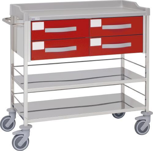 Carro hospitalario multifuncional, acero inox., 4 cajones superiores, entrepaños, empujador. Varios colores Carro hospitalario multifuncional, acero inox., 4 cajones superiores, entrepaños, empujador. Varios colores