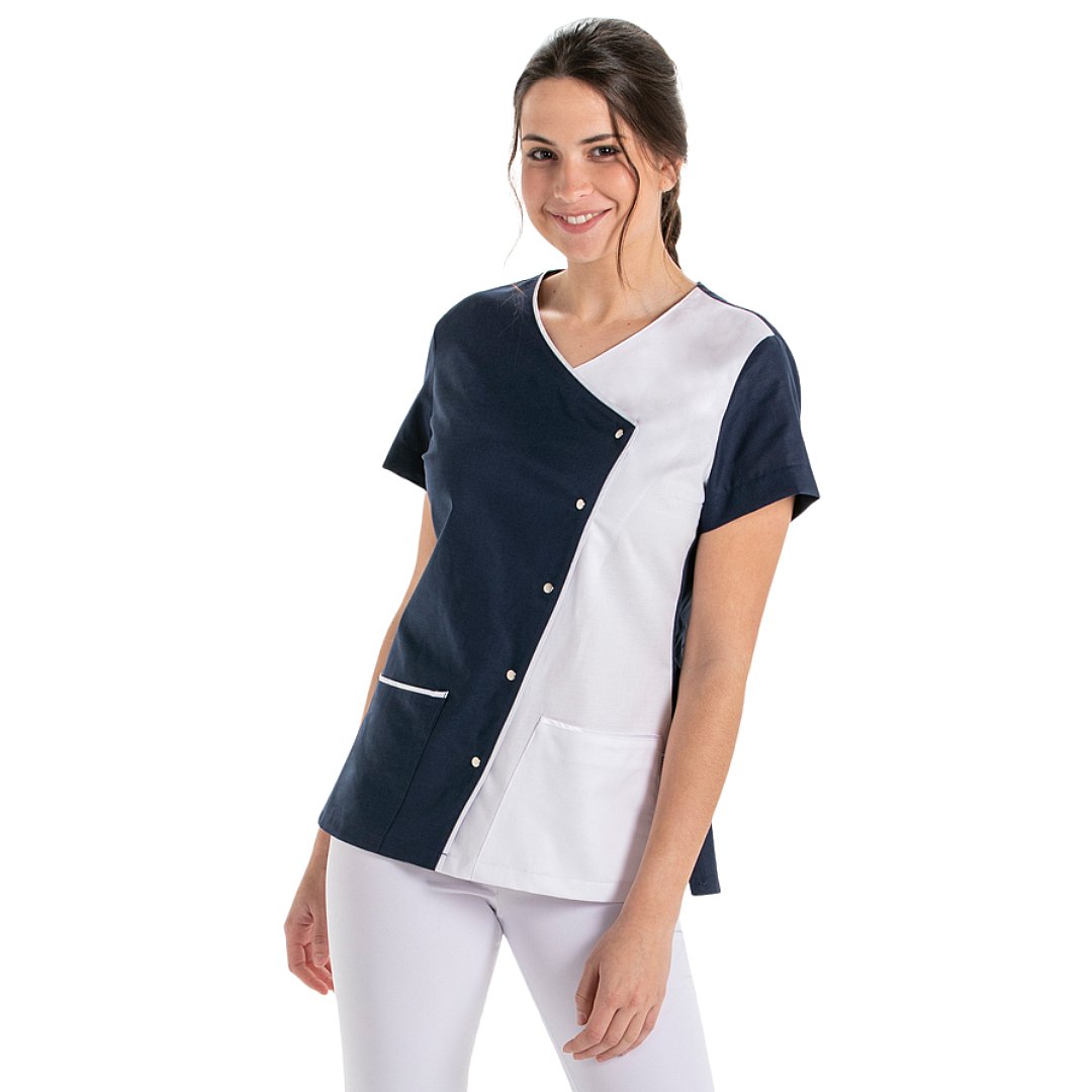 Veste bicolore à manches courtes pour femme avec crochets, 2 poches. Plusieurs tailles et couleurs