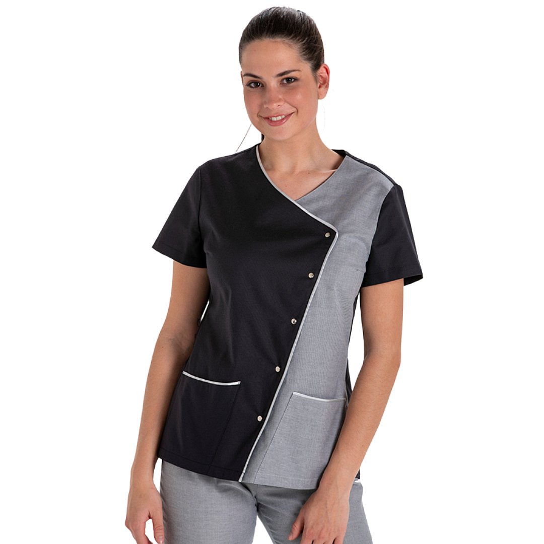 Veste bicolore à manches courtes pour femme avec crochets, 2 poches. Plusieurs tailles et couleurs