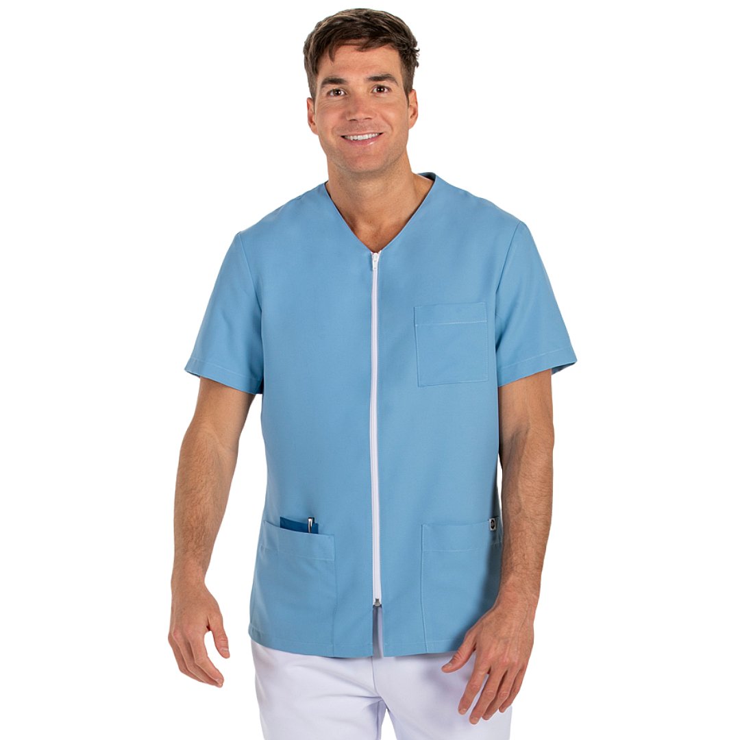 Short-sleeved men's jacket with zipper, 4 pockets. Various sizes and colors.