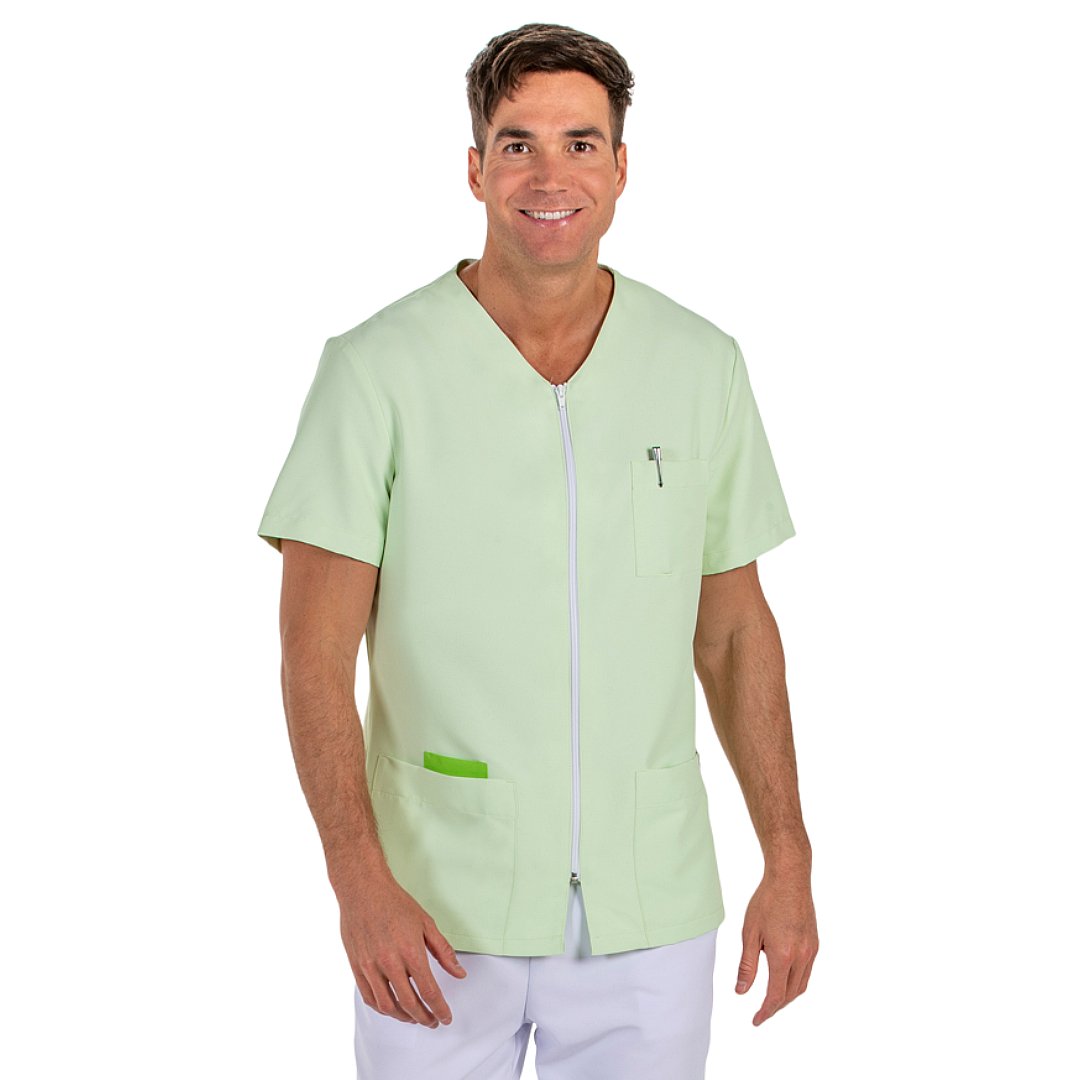 Short-sleeved men's jacket with zipper, 4 pockets. Various sizes and colors.