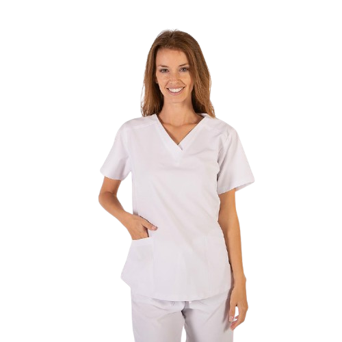 Blouse médicale à manches courtes pour femme, col en V. Plusieurs tailles et couleurs.