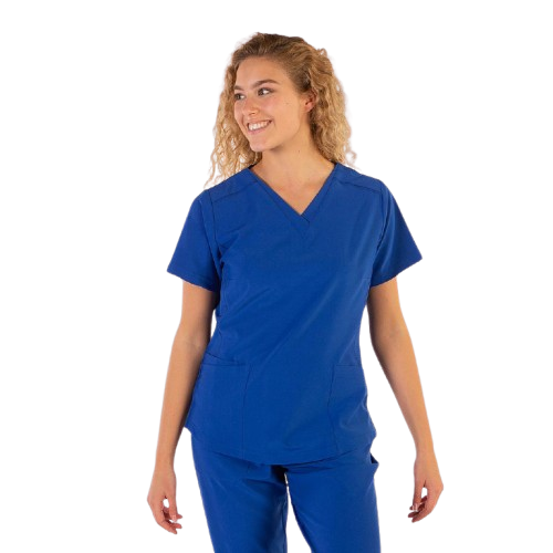 Blouse médicale à manches courtes pour femme, col en V. Plusieurs tailles et couleurs.