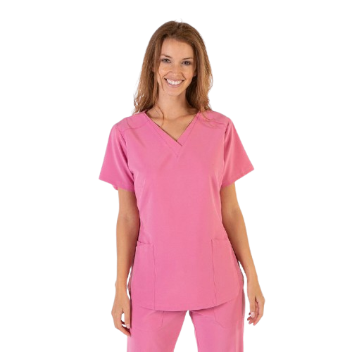 Blouse médicale à manches courtes pour femme, col en V. Plusieurs tailles et couleurs.