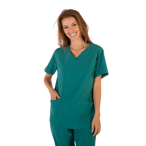 Blouse médicale à manches courtes pour femme, col en V. Plusieurs tailles et couleurs.