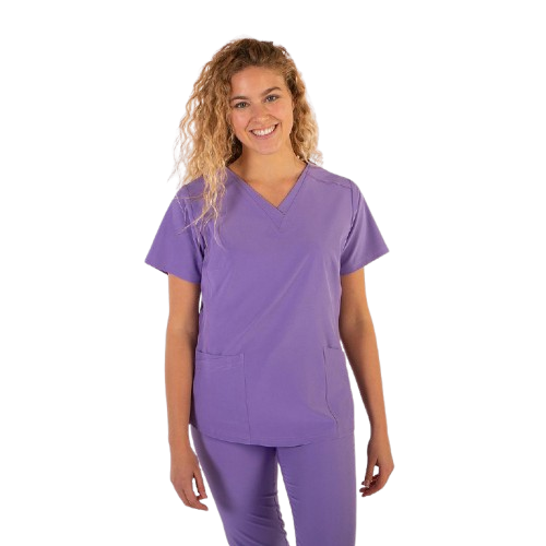 Blouse médicale à manches courtes pour femme, col en V. Plusieurs tailles et couleurs.