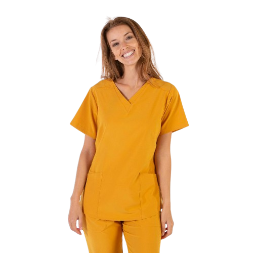 Blouse médicale à manches courtes pour femme, col en V. Plusieurs tailles et couleurs.