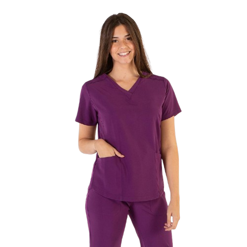 Blouse médicale à manches courtes pour femme, col en V. Plusieurs tailles et couleurs.