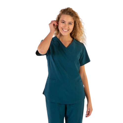 Blouse médicale à manches courtes pour femme, col en V. Plusieurs tailles et couleurs.