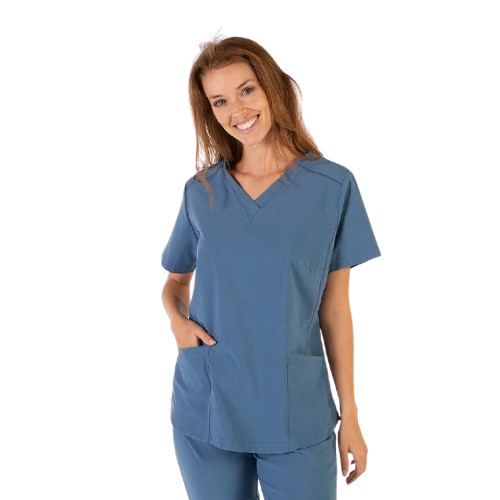 Blouse médicale à manches courtes pour femme, col en V. Plusieurs tailles et couleurs.