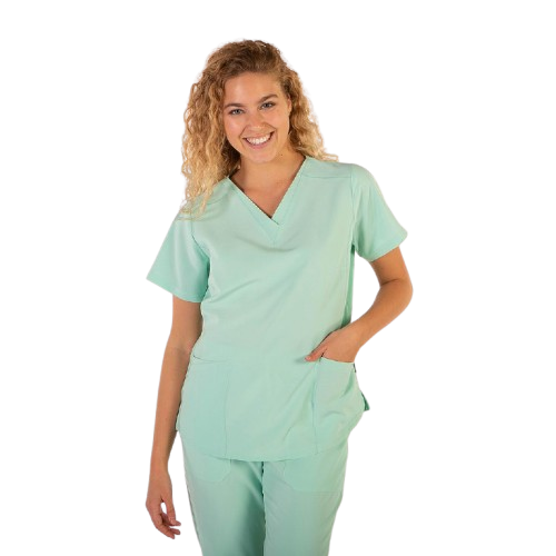 Blouse médicale à manches courtes pour femme, col en V. Plusieurs tailles et couleurs.