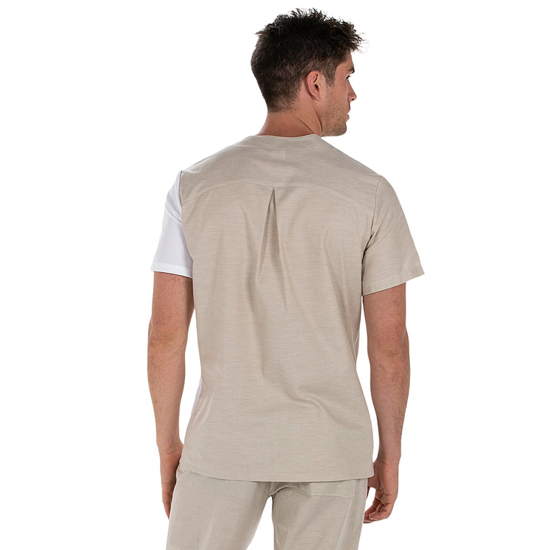 Asymmetrical short sleeve two-tone jacket for men, 2 pockets. Various sizes and colors.
