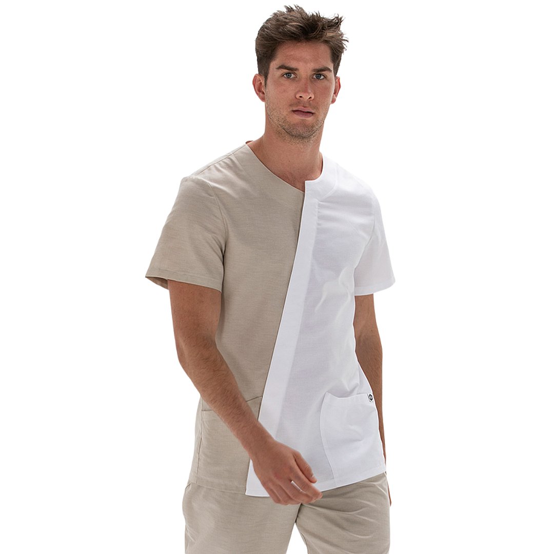 Asymmetrical short sleeve two-tone jacket for men, 2 pockets. Various sizes and colors.