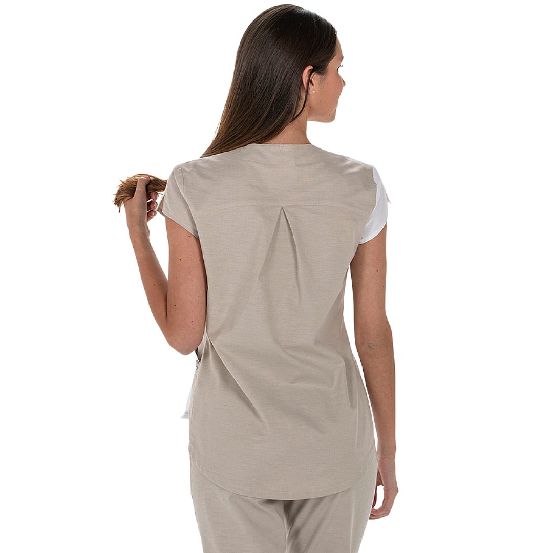 Asymmetrical short sleeve bicolor jacket for women, 2 pockets. Various sizes and colors.