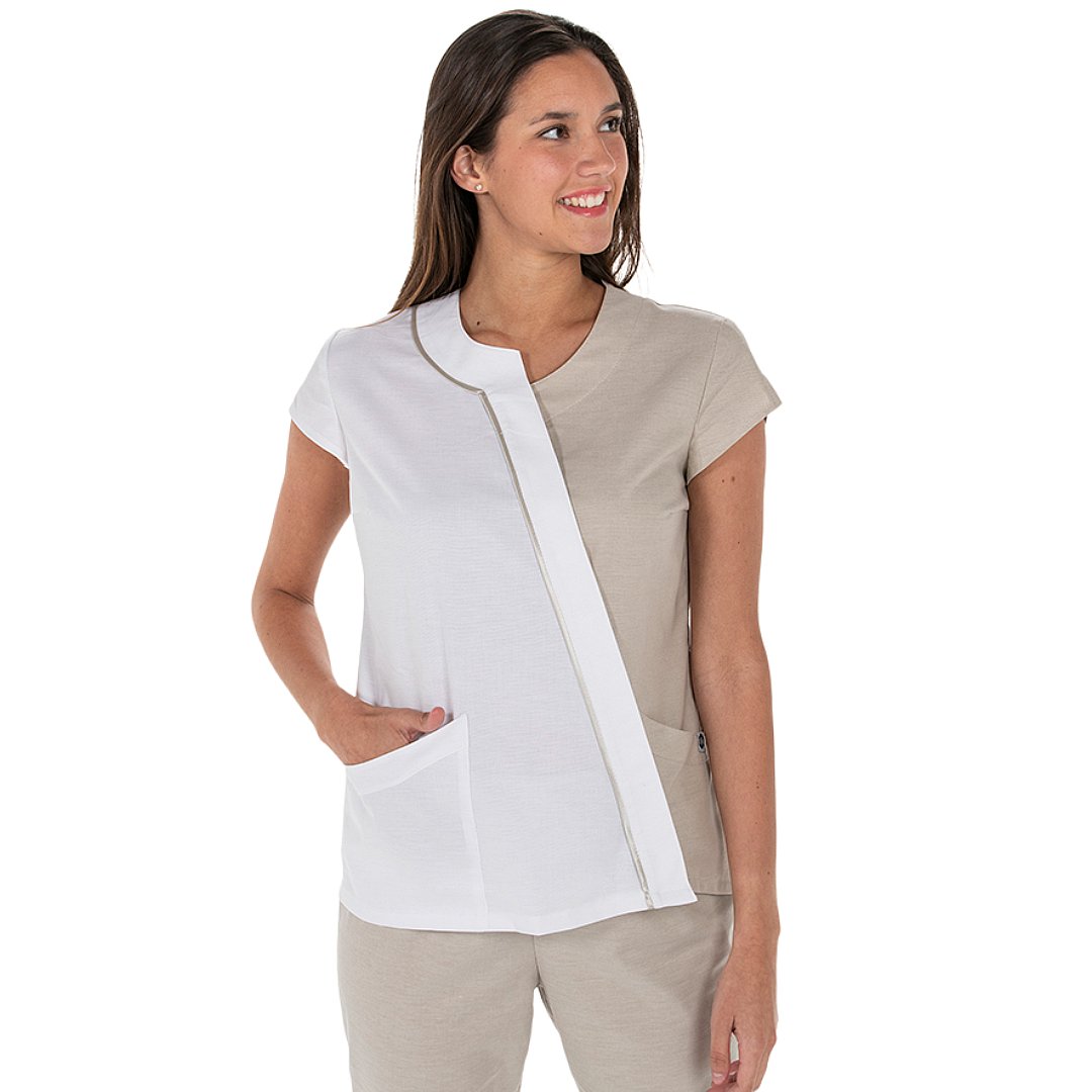 Asymmetrical short sleeve bicolor jacket for women, 2 pockets. Various sizes and colors.