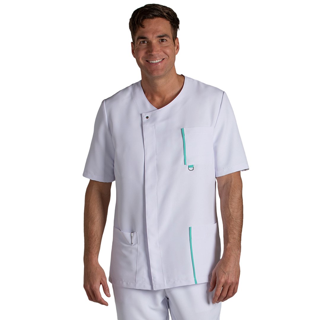 Short sleeve jacket for men with 3 pockets, 100% polyester. Various sizes and colors.