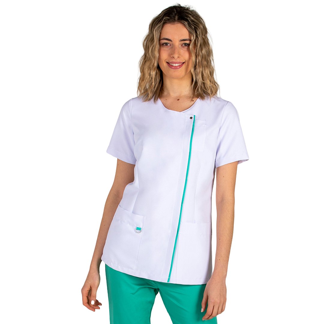 Short sleeve jacket for women with 3 pockets, 100% polyester. Various sizes and colors.