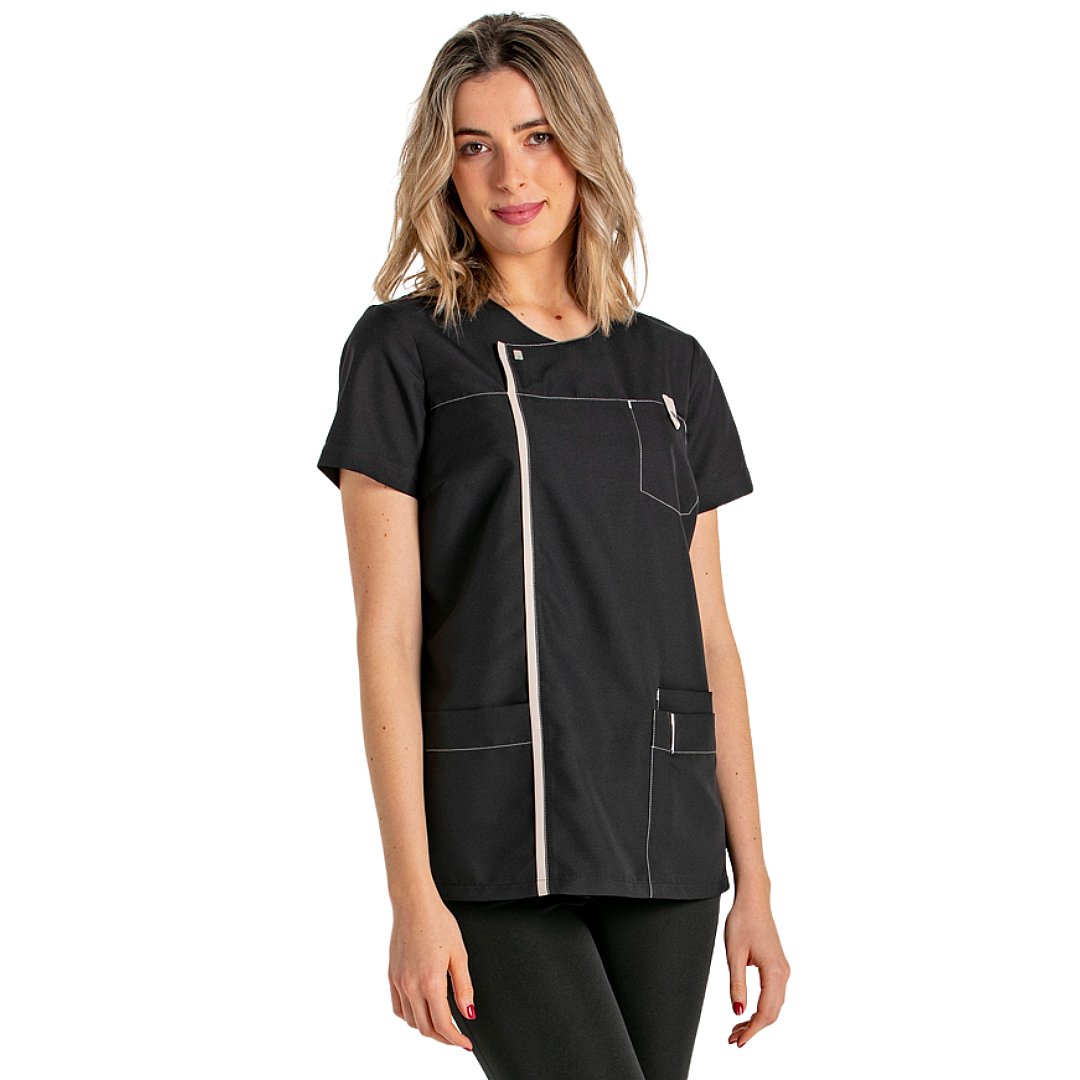 Short sleeve jacket for women with 4 pockets, 100% polyester. Various sizes and colors.