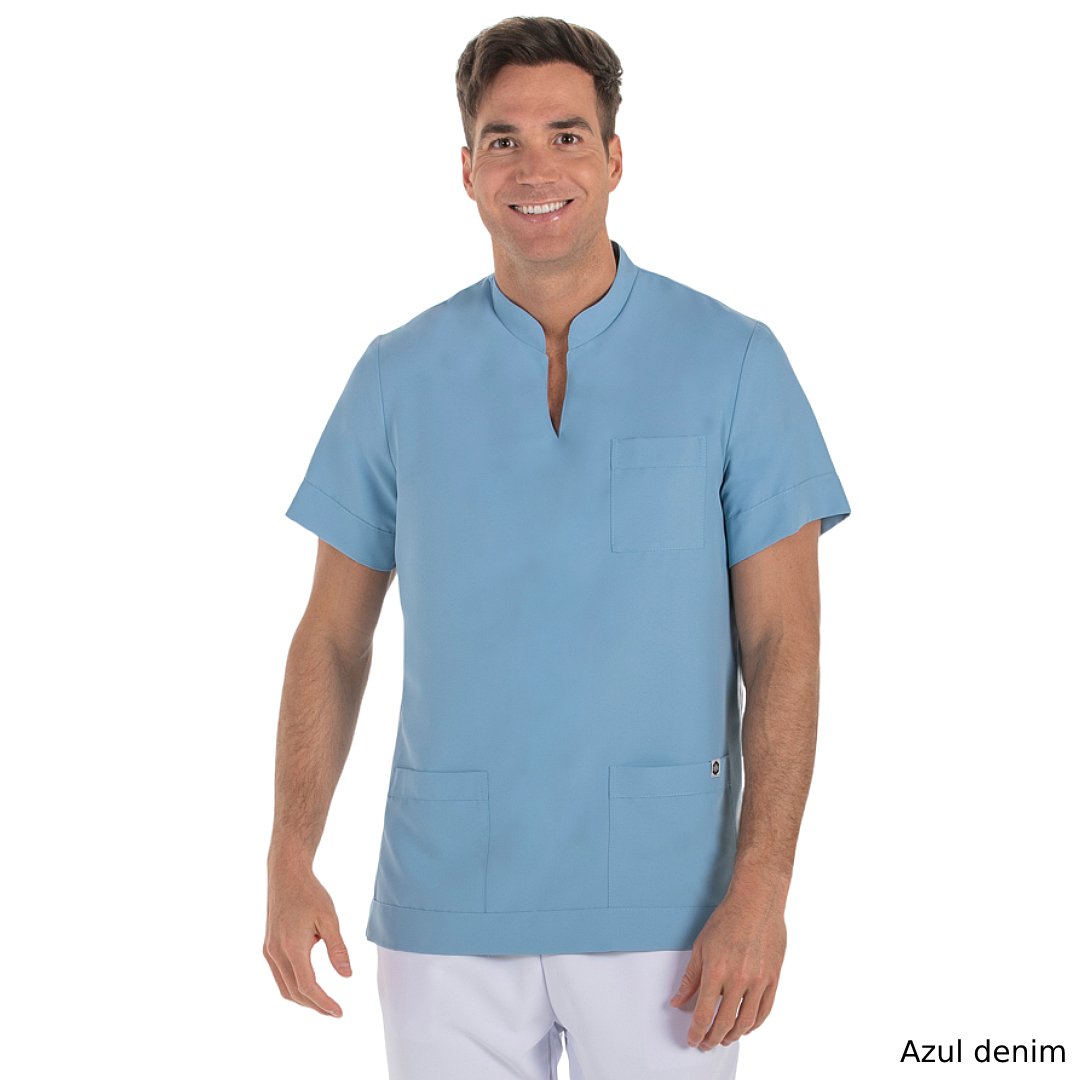 Veste manches courtes unisexe avec col mao ouvert, 3 poches. Plusieurs tailles et couleurs.