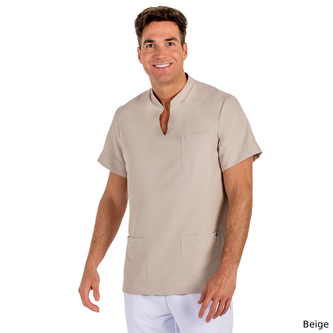 Veste manches courtes unisexe avec col mao ouvert, 3 poches. Plusieurs tailles et couleurs.
