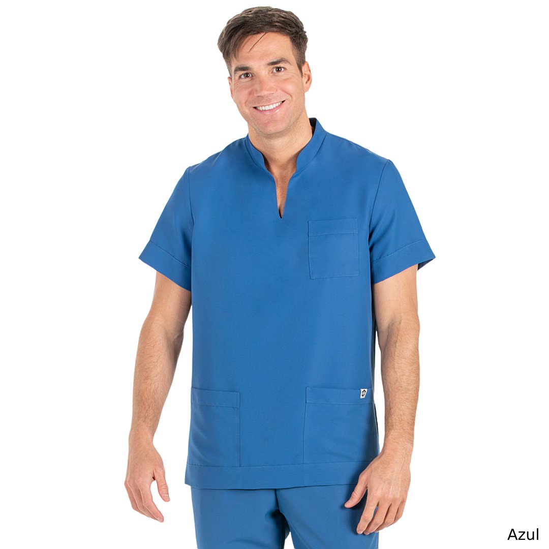 Veste manches courtes unisexe avec col mao ouvert, 3 poches. Plusieurs tailles et couleurs.
