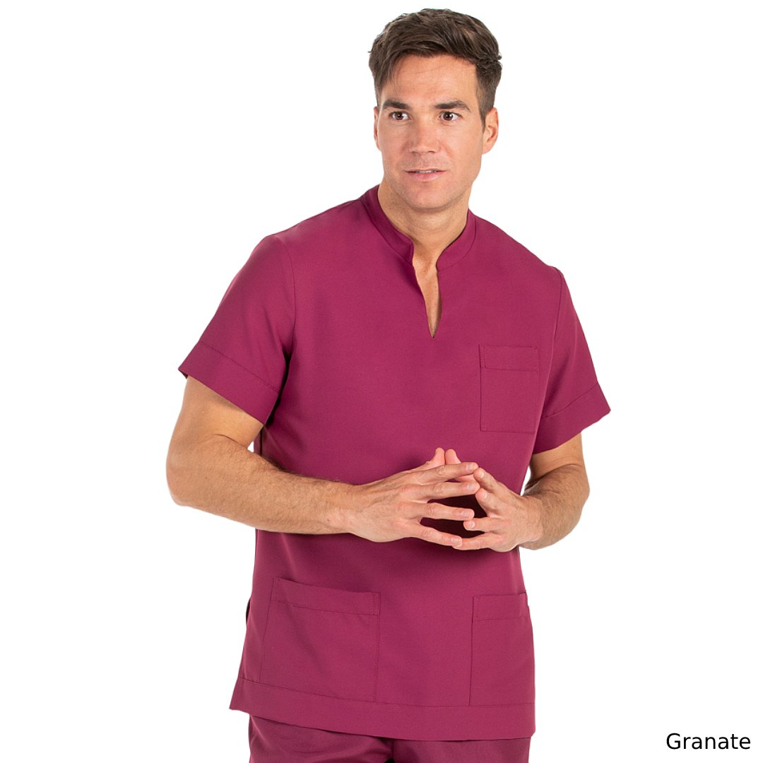 Veste manches courtes unisexe avec col mao ouvert, 3 poches. Plusieurs tailles et couleurs.