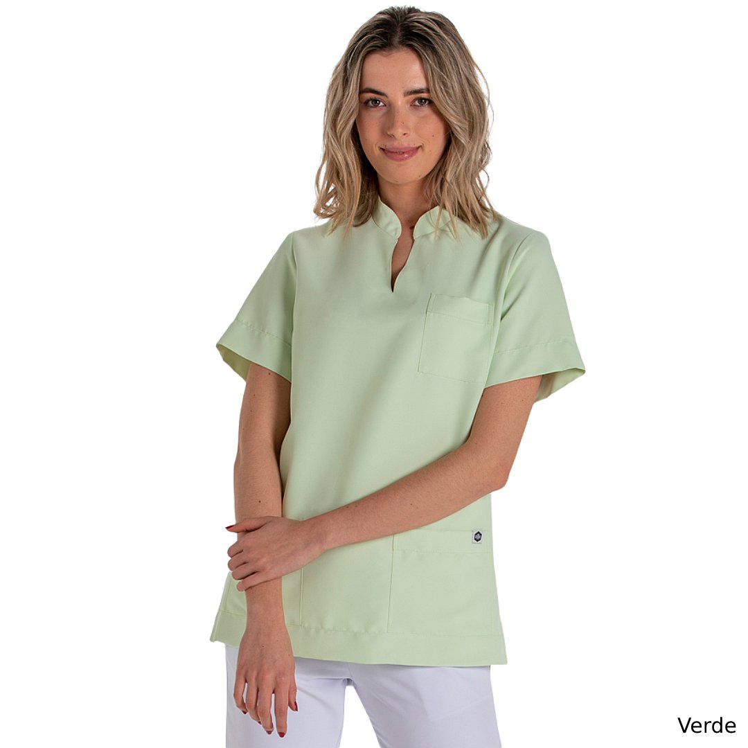 Veste manches courtes unisexe avec col mao ouvert, 3 poches. Plusieurs tailles et couleurs.