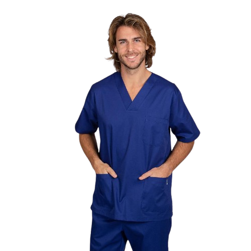 Blouse médicale unisexe à manches courtes, col en V. Plusieurs tailles et couleurs.