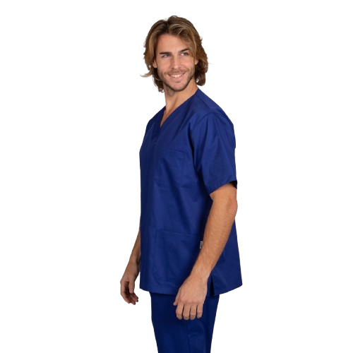 Blouse médicale unisexe à manches courtes, col en V. Plusieurs tailles et couleurs.