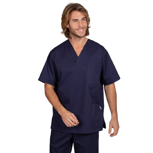 Blouse médicale unisexe à manches courtes, col en V. Plusieurs tailles et couleurs.