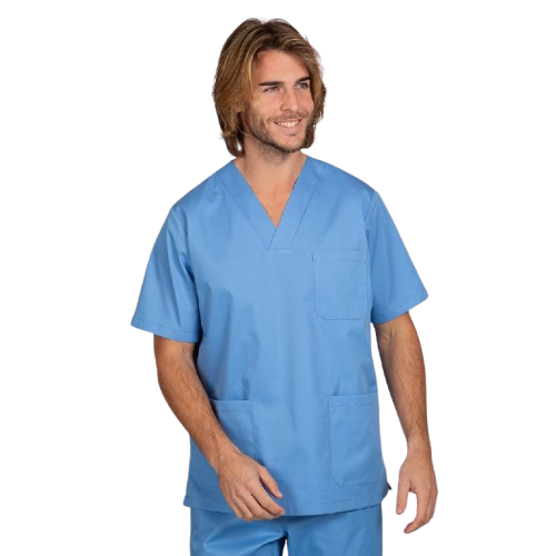 Blouse médicale unisexe à manches courtes, col en V. Plusieurs tailles et couleurs.