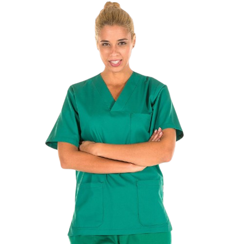 Blouse médicale unisexe à manches courtes, col en V. Plusieurs tailles et couleurs.