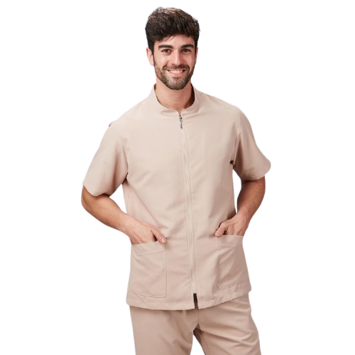 Veste semi-ajustée à manches courtes pour homme, col mao. Plusieurs tailles et couleurs.