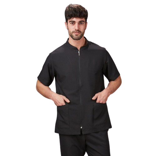 Veste semi-ajustée à manches courtes pour homme, col mao. Plusieurs tailles et couleurs.