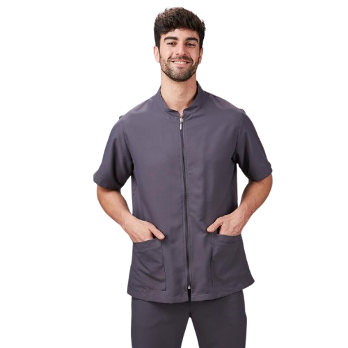 Veste semi-ajustée à manches courtes pour homme, col mao. Plusieurs tailles et couleurs.