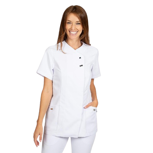 Semi-fitted short sleeve jacket for women, cross closure. Various sizes and colors.