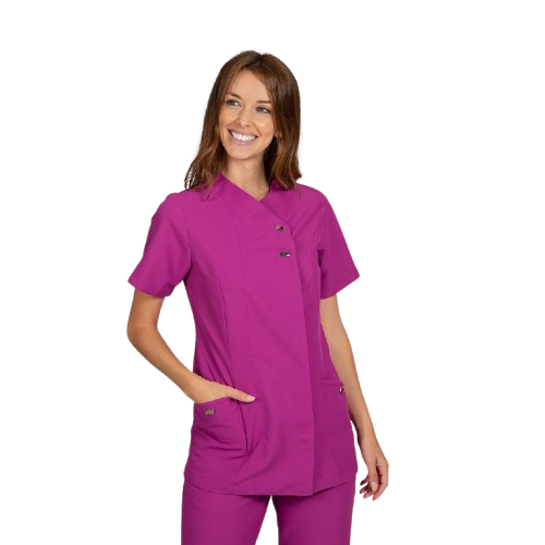 Semi-fitted short sleeve jacket for women, cross closure. Various sizes and colors.