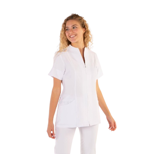 Semi-fitted short sleeve jacket for women, zipper closure. Various sizes and colors.